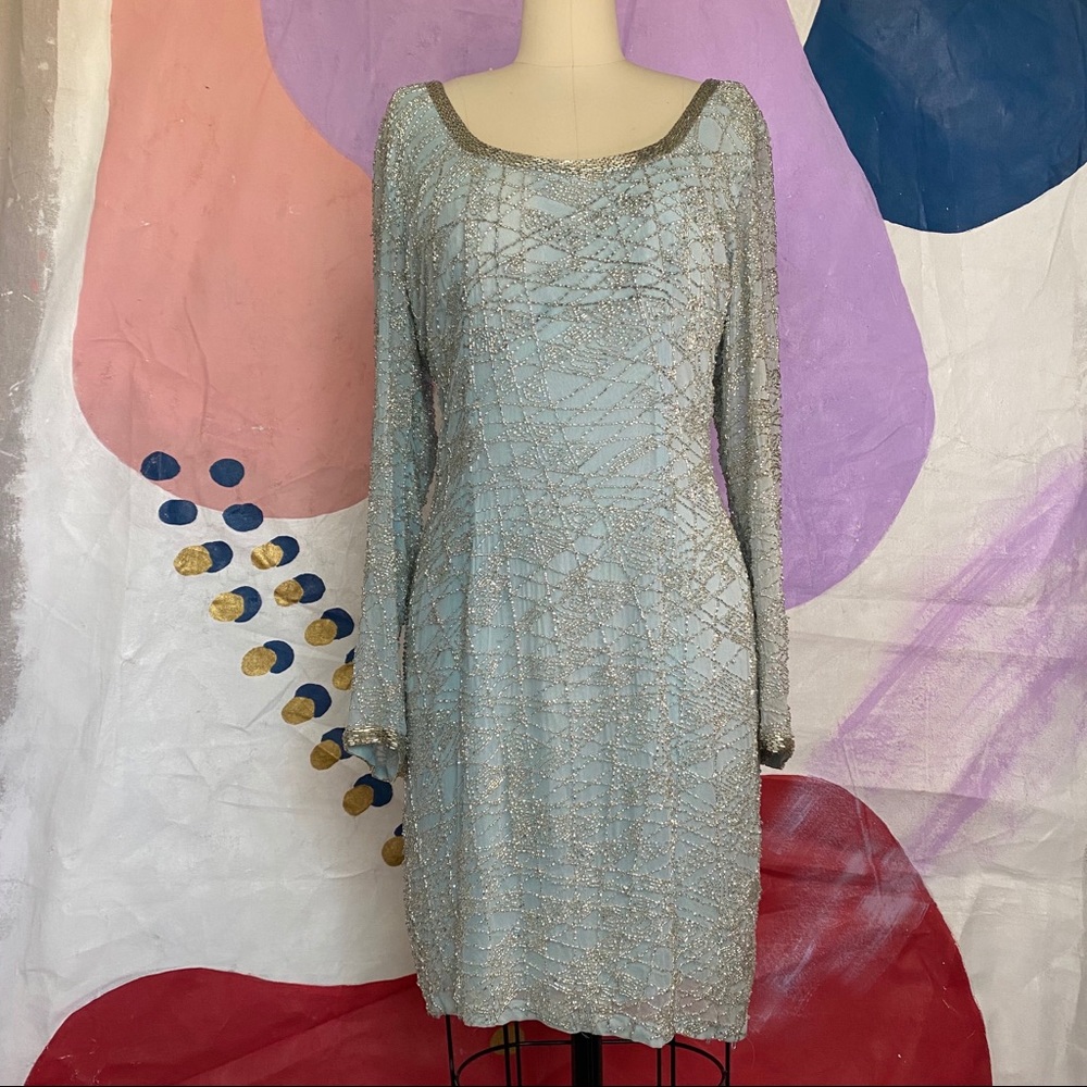 VINTAGE Elsa Ice Blue Silk Beaded Midi Fancy Dress